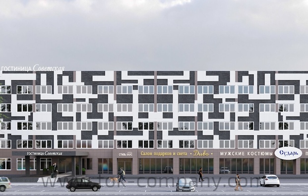 Interior design concept of facade decoration of the hotel Sovetskaya, Kolomna, Russia