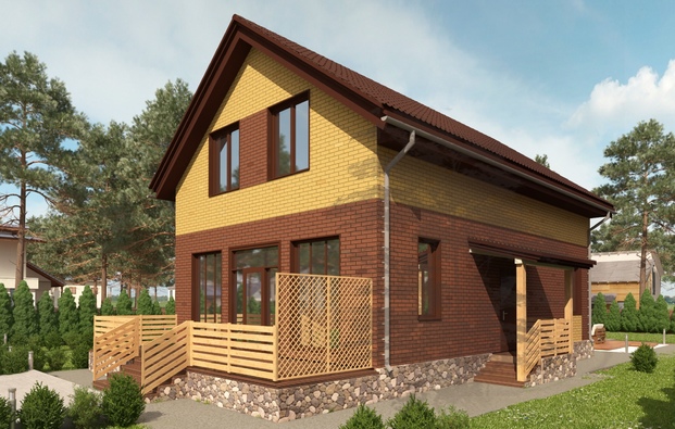 Architectural project of the cottage with contrast facing brick facade decoration, gardening Klimovets, St. Petersburg