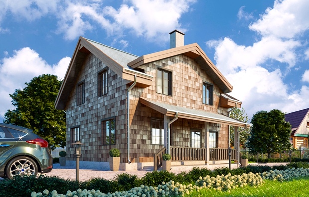 Architectural project of the cottage with wooden tiles facade decoration, Dachnoe, sadovodstvo Pensionerov Leninskogo rajona, St.Petersburg