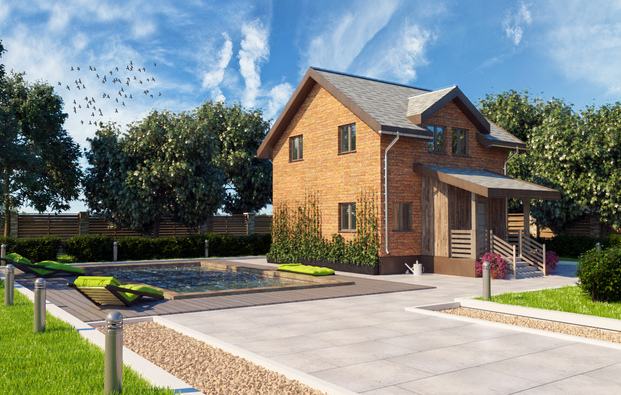 Architectural project of the bath complex with facing brick facade decoration, township Sosnovo