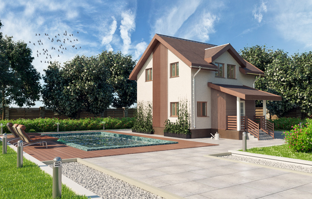 Architectural project of the bath complex with plaster facade decoration, township Sosnovo