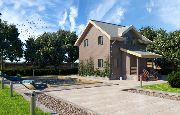 Architectural project of the bath complex with vinyl siding facade decoration, township Sosnovo