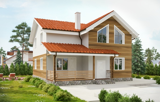 Architectural project of the cottage with wooden planker facade decoration, township Sosnovo, Leningrad Region