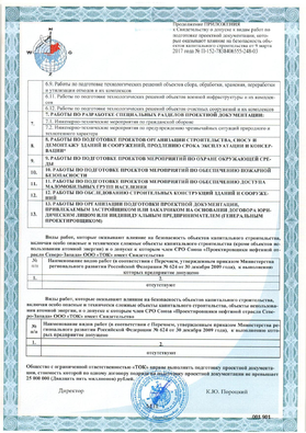 Certificate of admission to the types of works for the preparation of project documentation that affect the safety of capital construction facilities (SRO Non-Profit Partnership 