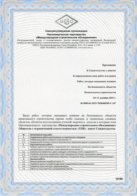 Certificate of admission to a certain type of work or types of work that affect the safety of capital construction facilities (SRO Non-commercial partnership 